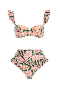 Ruffled Floral-Print Underwire High-Wasit Bikini Set - Green And White Flowers