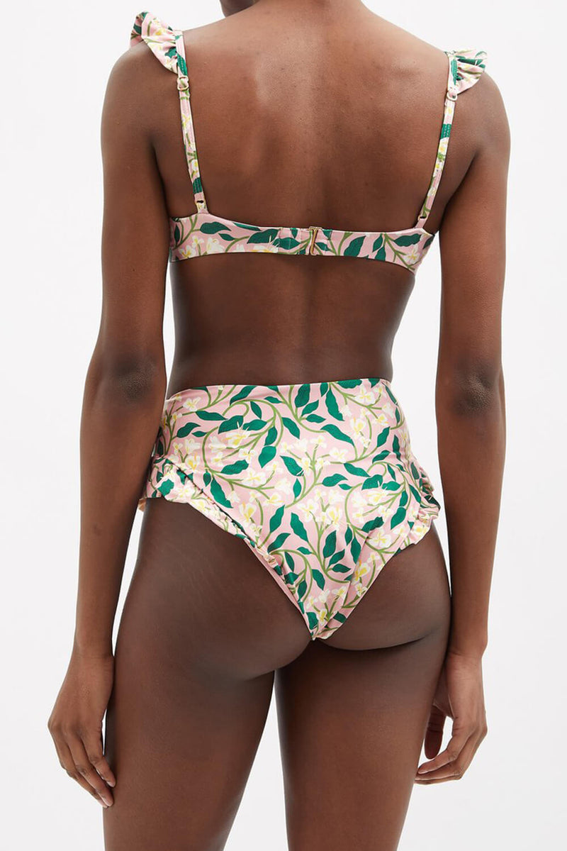 Ruffled Floral-Print Underwire High-Wasit Bikini Set - Green And White Flowers