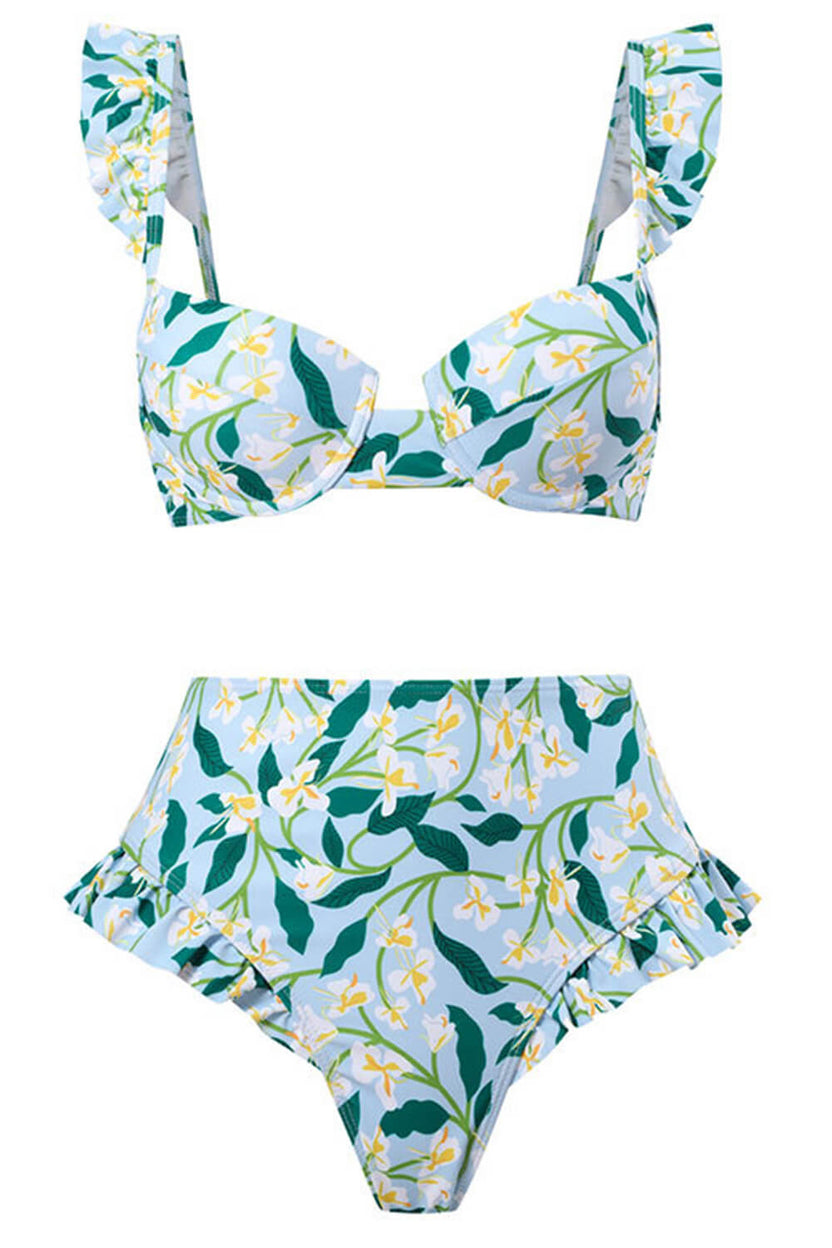 Floral Shell Cupped Underwire Bikini Set With Lace Up Sarong Mini Skirt