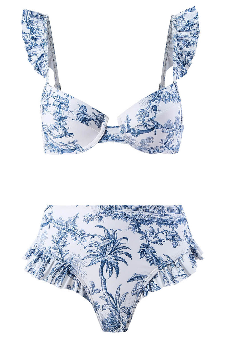 Ruffled Jungle-Print Underwire High-Wasit Bikini Set