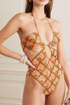 Floral Printed Cutouts Halter One Piece Swimsuit - Orange