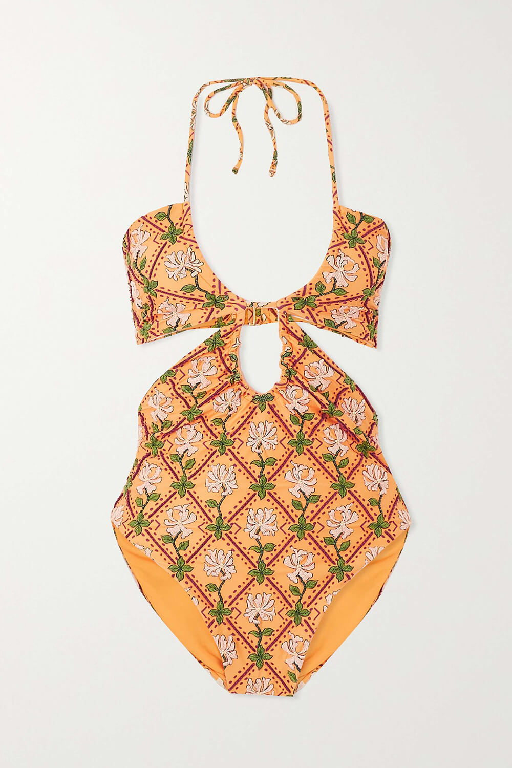 Orange 3 Flower-Shaped Ruffled Cut-Out Halter One Piece Swimsuit