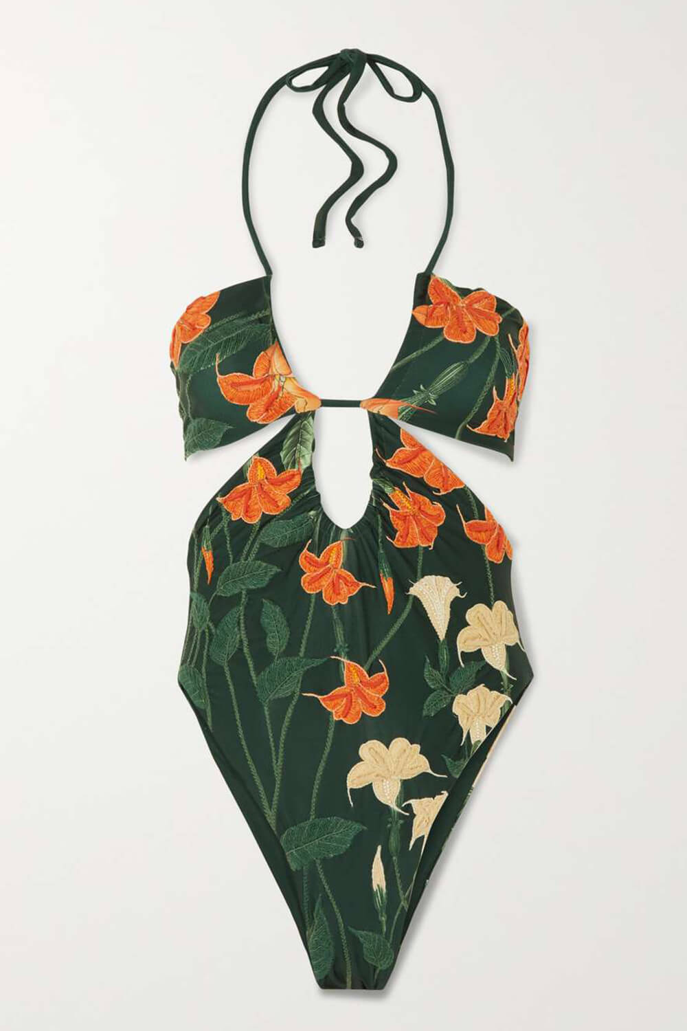 Floral Printed Cutouts Halter One Piece Swimsuit - Green main image 1