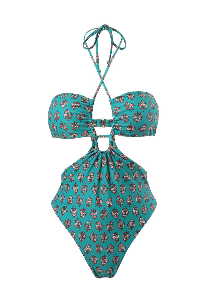 Floral Printed Cutouts Halter One Piece Swimsuit - Green