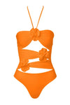 Orange 3 Flower-Shaped Ruffled Cut-Out Halter One Piece Swimsuit