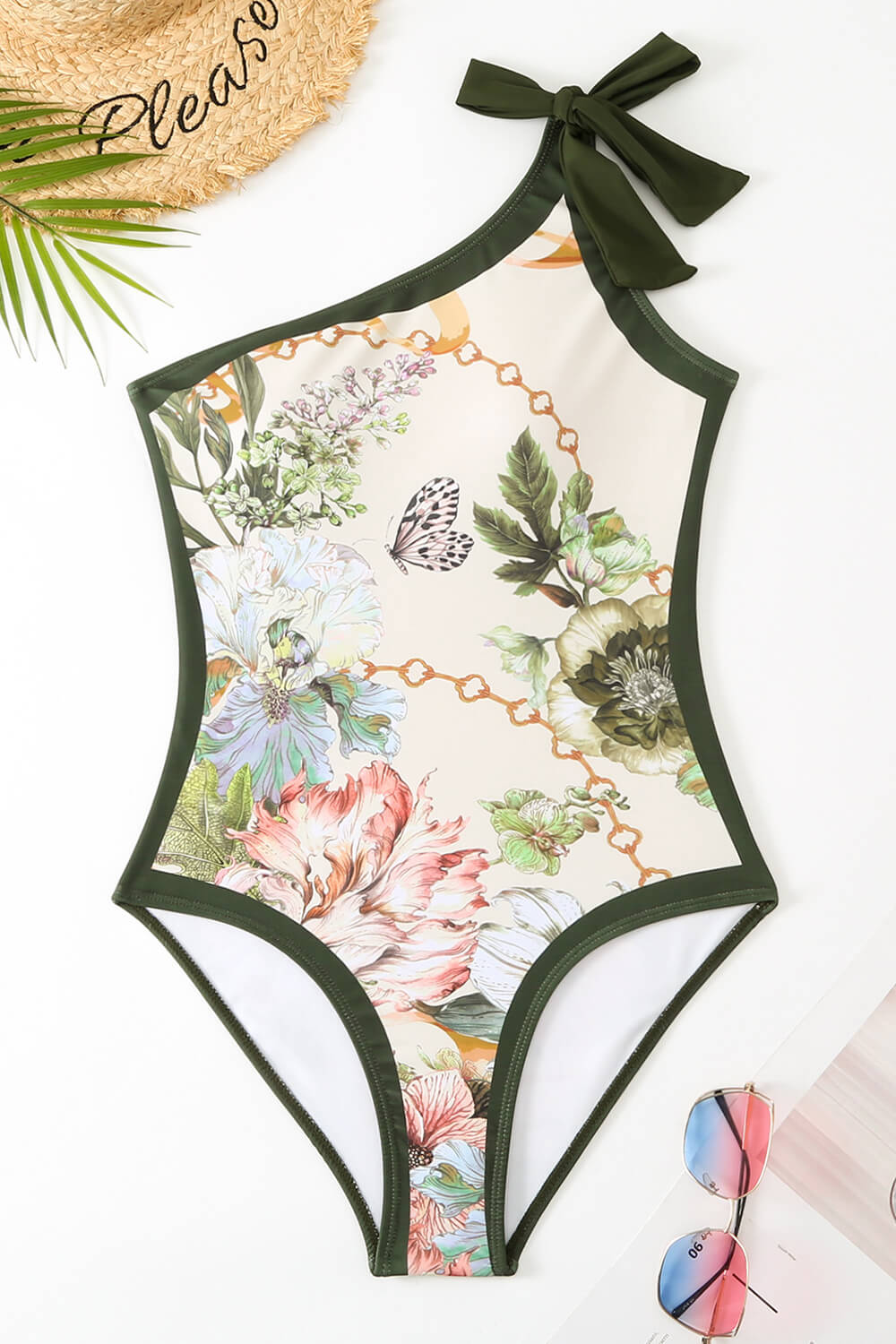 Floral Printed Asymmetrical Bow-Tie Shoulder One Piece Swimsuit