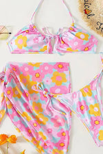Floral Halter Gathered Tie Front Tie Side Bikini Set