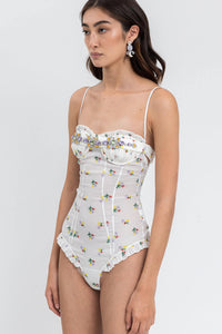 Floral-Print Ruffled Trim Ruched Underwire One Piece Swimsuit With Crystal Embroidered Detailing