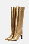 Metallic Faux Leather Pointed Toe Wide Fit Knee High Block Heel Boots - Gold