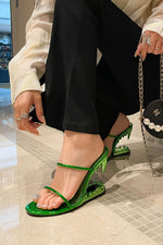 Metallic Open Toe Sculptured Wedge Heeled Slingback Sandals - Green