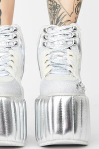 Iridescent Sequined Lace Up Metallic Quilted Platform Sneakers With Star Studded Details