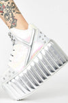 Iridescent Sequined Lace Up Metallic Quilted Platform Sneakers With Star Studded Details