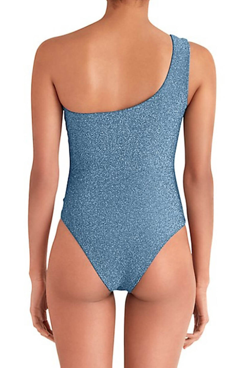 Metallic Blue Cut Out One-Shoulder One-Piece Swimsuit