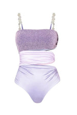 Lilac Pearl Strap Cutout Shiny Texture One Piece Swimsuit