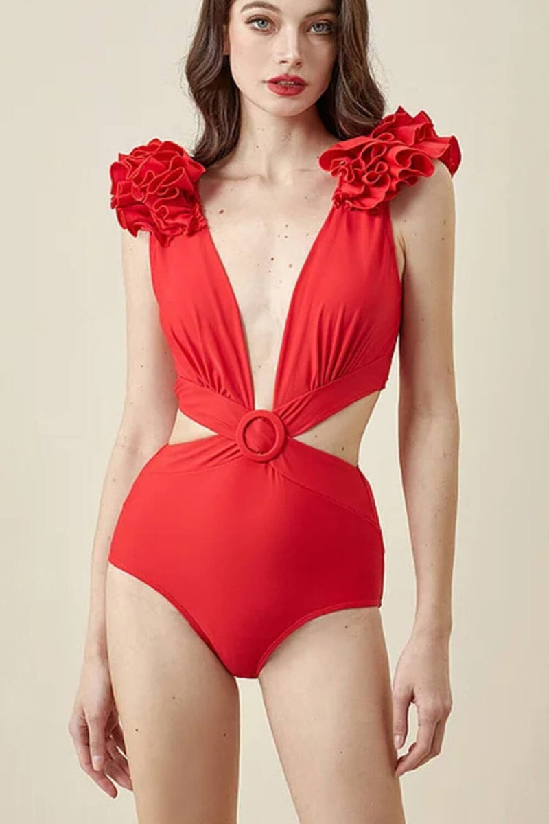 Red Deep V Ruffled Cutout One Piece Swimsuit