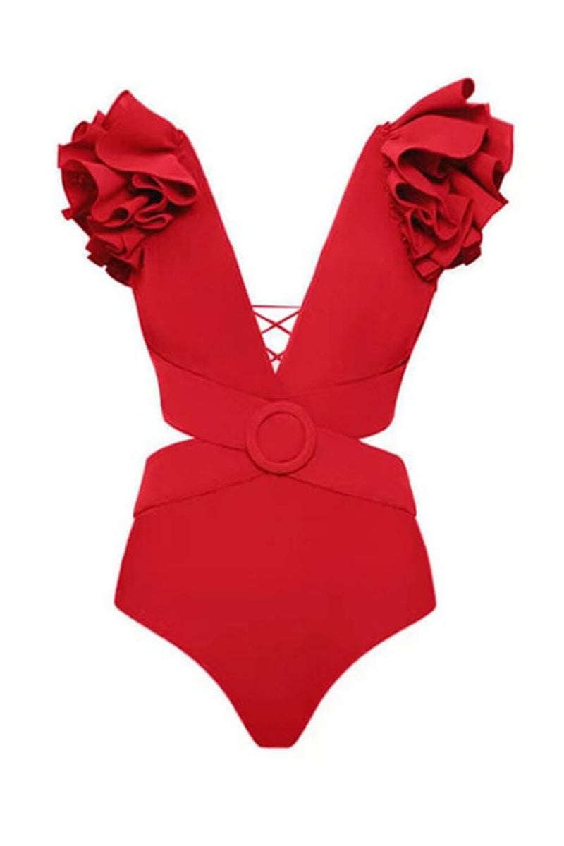 Red Deep V Ruffled Cutout One Piece Swimsuit