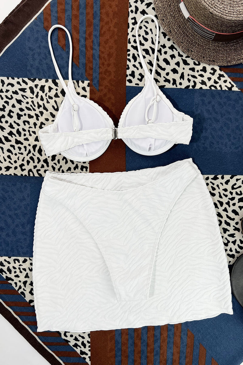 White Textured V-Wire Balconette High-Cut Bikini Set With Short Beach Skirt