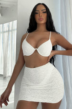 White Textured V-Wire Balconette High-Cut Bikini Set With Short Beach Skirt