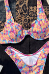 Tie-Dye Floral Print Underwire Balconette High-Cut Bikini Set
