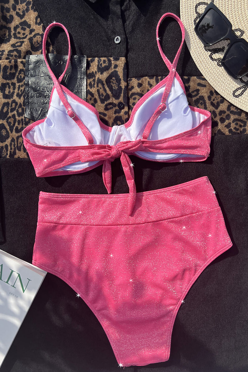 Pink Sparkly Balconette Underwire High-Waist Bikini Set