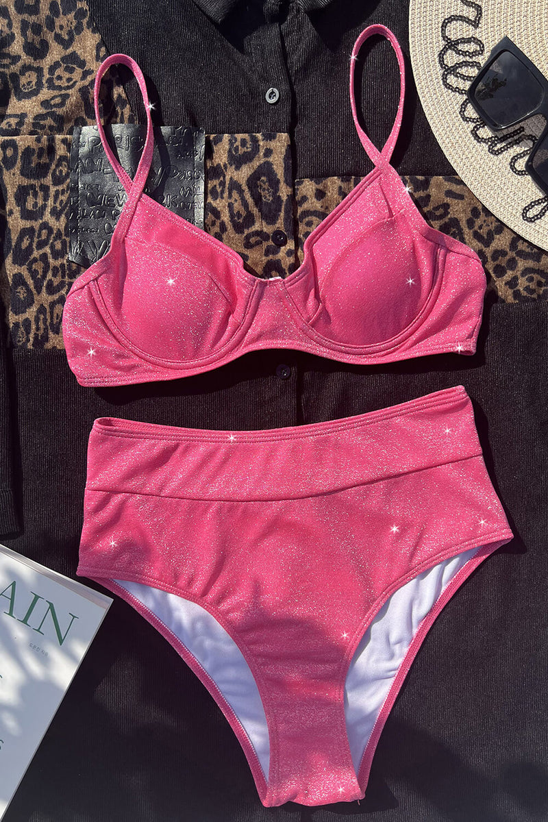 Pink Sparkly Balconette Underwire High-Waist Bikini Set