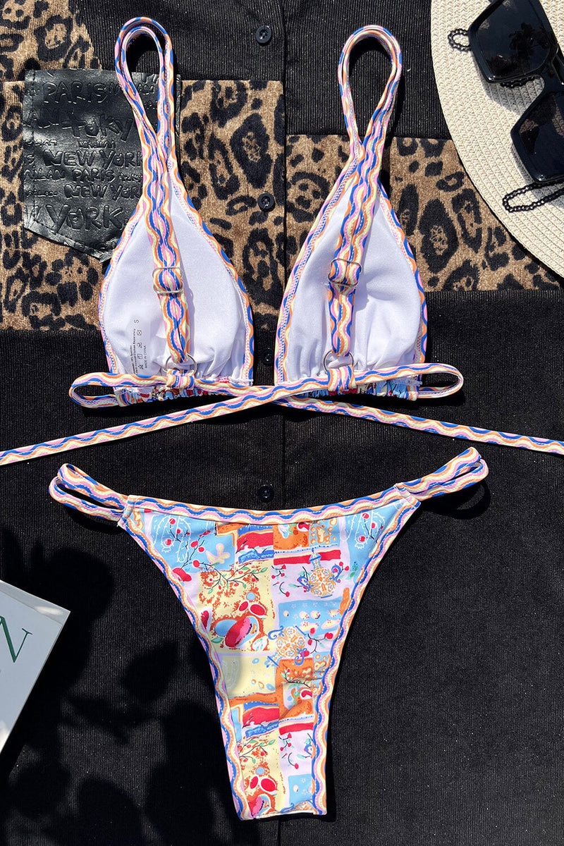 Printed Double Strap Triangle Bikini Set