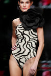 3D Flower Zebra Printed One-Shoulder One-Piece Swimsuit