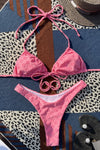Hot Pink Floral Terry Towel Tie Front Triangle Halter Bikini Top