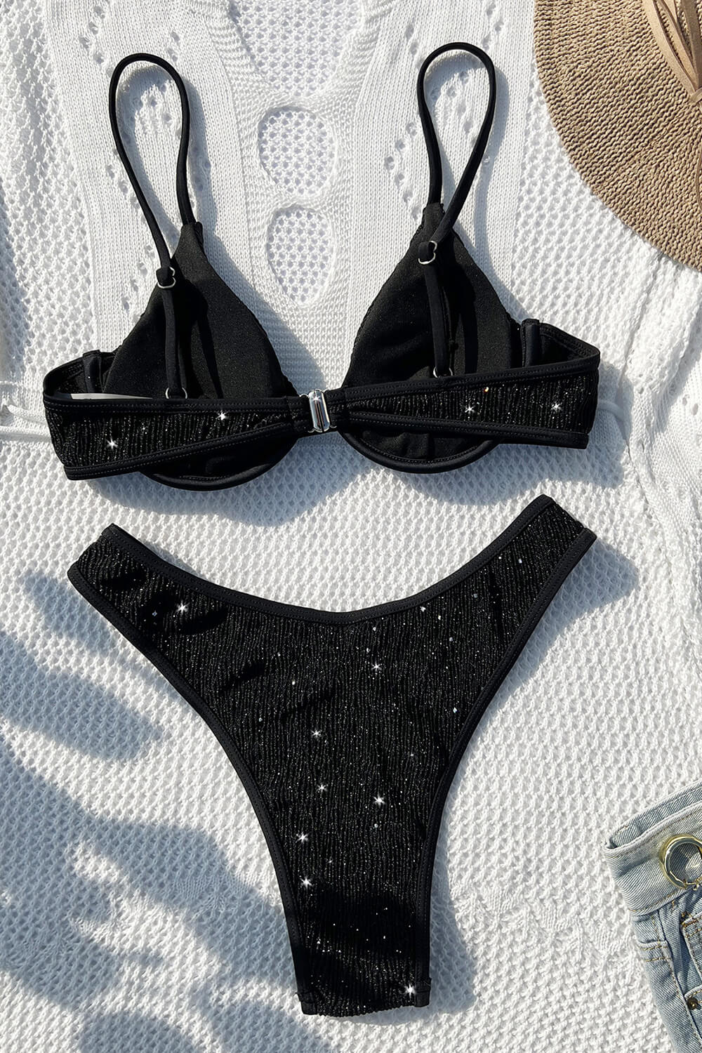 Black Sparkly Rib Underwire High-Cut Bikini Set