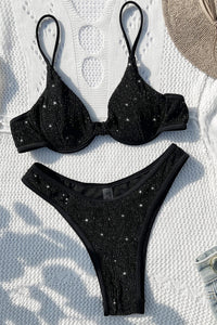 Black Sparkly Rib Underwire High-Cut Bikini Set