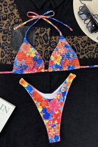 Floral Crinkle Triangle Halter High Cut Bikini Set