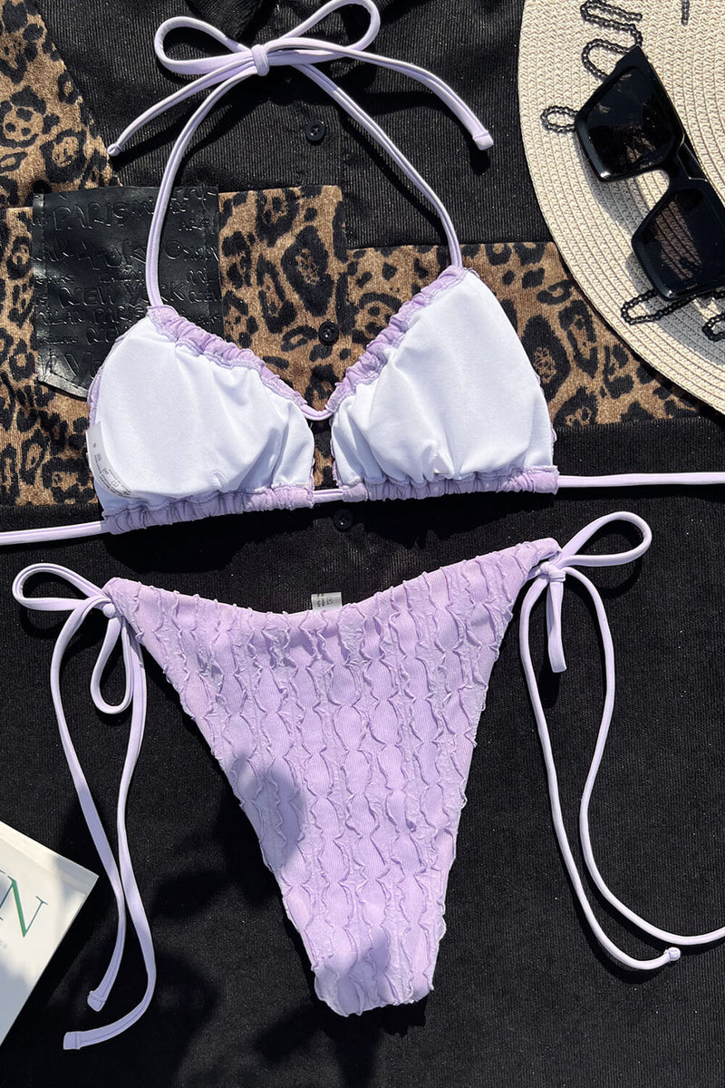 Lilac Textured Cut-Out Halter Tie Side Bikini Set