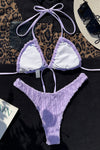 Lilac Textured Wrap Tie Front Bralette Halter High-Cut Bikini Set
