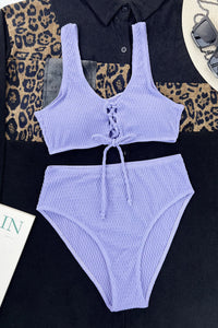 Lilac Textured Lace Up Bralette High Waisted Bikini Set