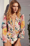 Floral Printed Cut-Out Plunge Tulle Long Sleeve One-Piece Swimsuit