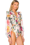 Floral Printed Cut-Out Plunge Tulle Long Sleeve One-Piece Swimsuit