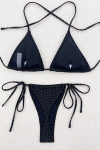 Studded Triangle Wrap Tie Halter Bikini Set - Black/Blue