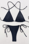 Studded Triangle Wrap Tie Halter Bikini Set - Black/Blue