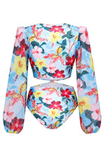 Blue Floral Printed Cut-Out Plunge Tulle Long Sleeve One-Piece Swimsuit