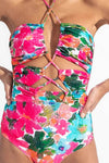 Floral Laceup Crossover Halterneck One Piece Swimsuit