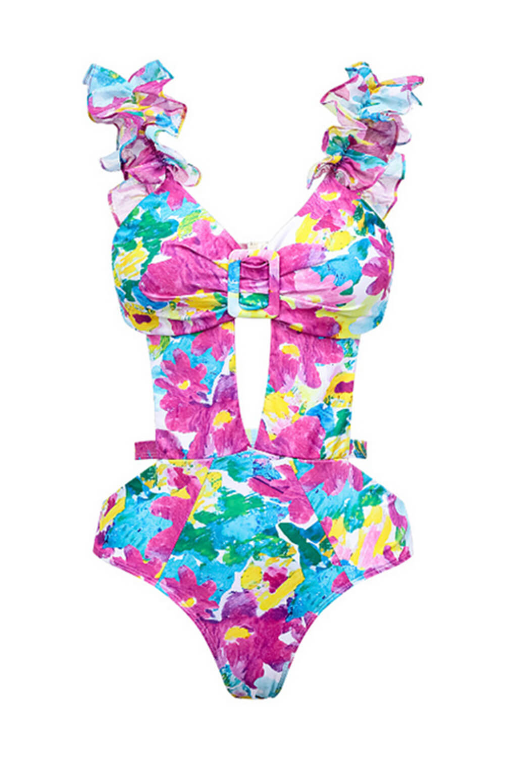 Floral Print Cutout Chiffon-Trimmed Ruffled One Piece Swimsuit