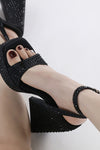 Sparkly Diamante Ankle Strap Square Toe Block Heel Platform High Heels - Black