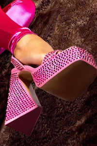 Sparkly Diamante Ankle Strap Square Toe Block Heel Platform High Heels - Hot Pink