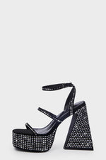 Sparkly Diamante Ankle Strap Square Toe Pyramid Block Heel Platform High Heels - Black