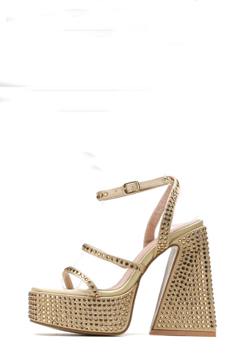 Sparkly Diamante Ankle Strap Square Toe Pyramid Block Heel Platform High Heels - Gold