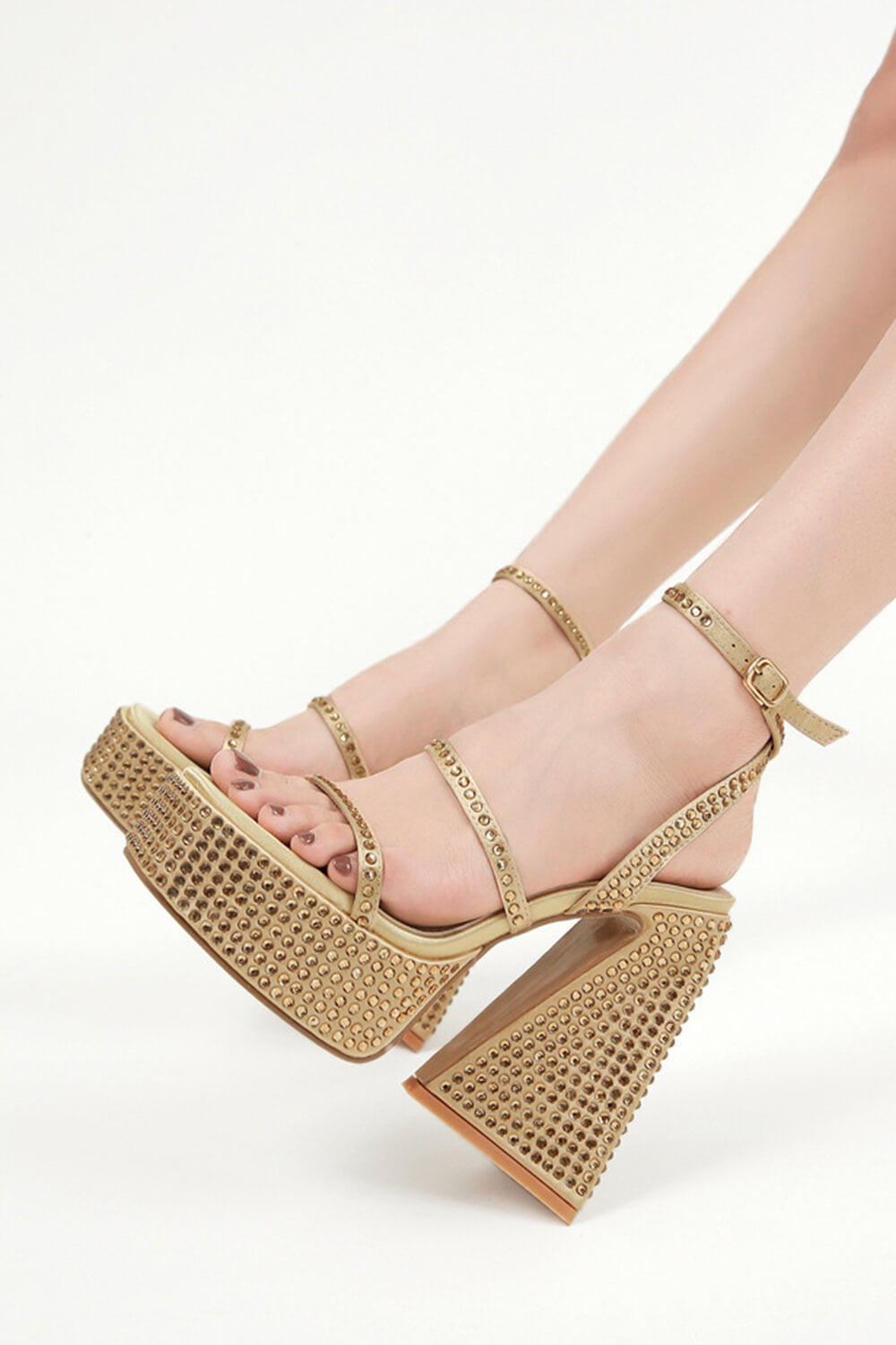 Sparkly Diamante Ankle Strap Square Toe Pyramid Block Heel Platform High Heels - Gold