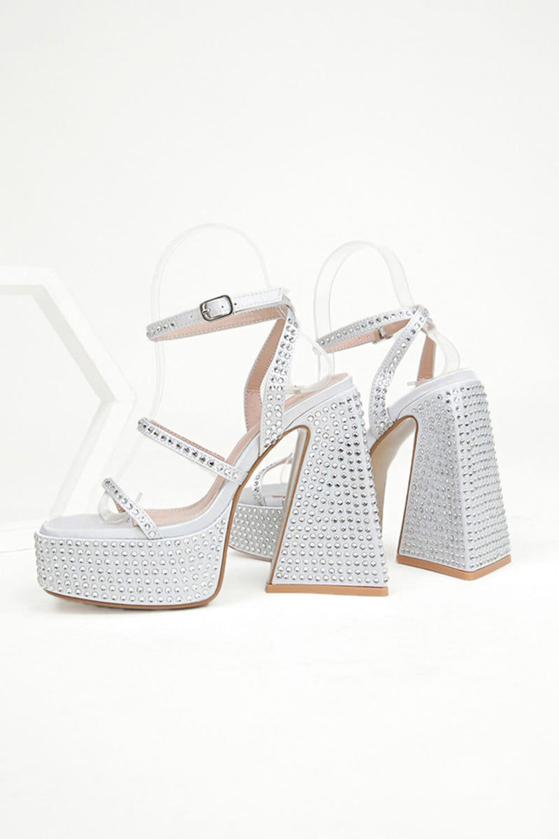 Sparkly Diamante Ankle Strap Square Toe Pyramid Block Heel Platform High Heels - Silver