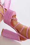 Sparkly Diamante Strappy Square Toe Block Heel Double Platform High Heels - Hot Pink