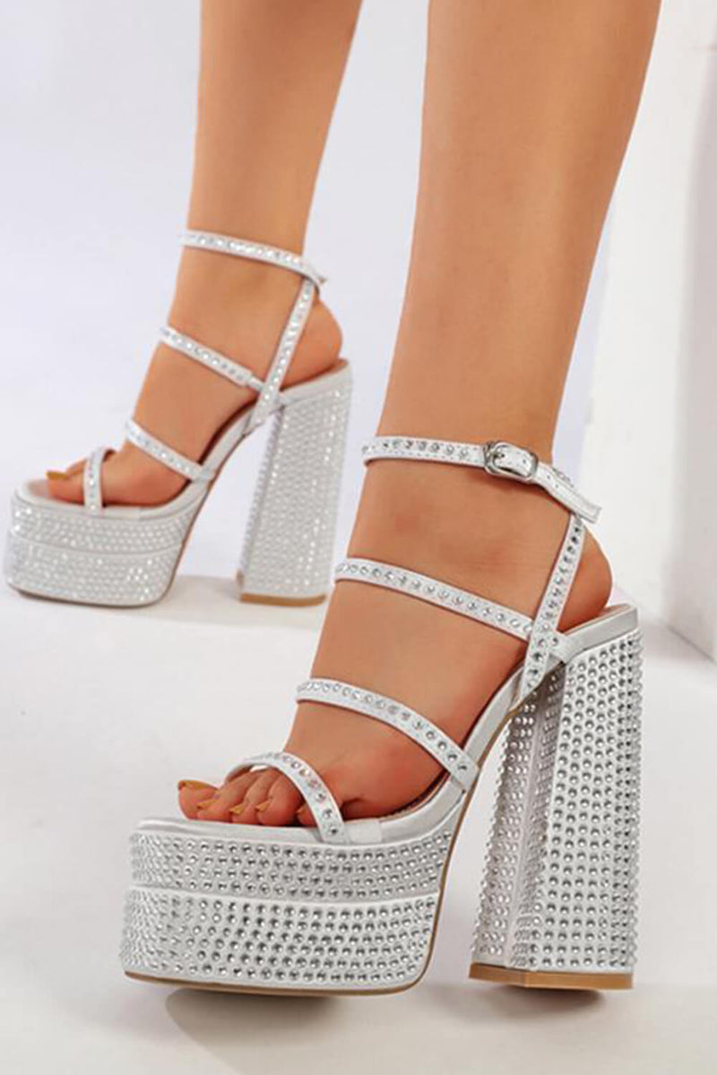Sparkly Diamante Strappy Square Toe Block Heel Double Platform High Heels - Silver