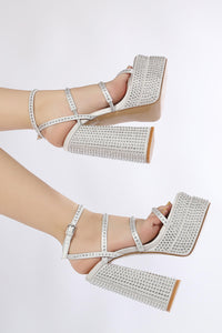 Sparkly Diamante Strappy Square Toe Block Heel Double Platform High Heels - Silver